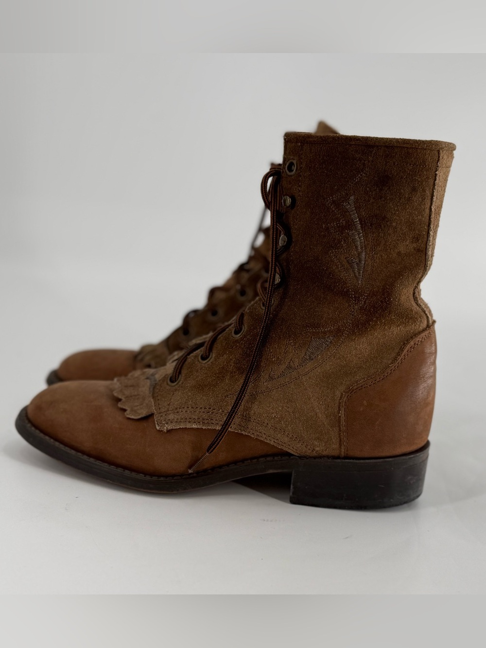 Laredo Roper Granny Kiltie Suede Western Boots Sz 6 M Brown Lace Up Paddock USA